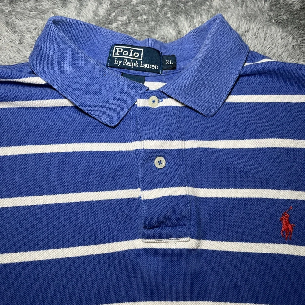 VTG Polo Ralph Lauren Shirt Men's XL Blue White Stripe Short Sleeve 90s
